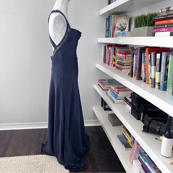 BCBG Deep Blue Draped Beaded A-line Formal Gown size 6 - Picture 9 of 16